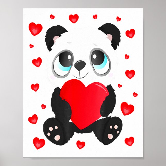 Panda Heart Valentines Day Girls Kids Women Bear L Poster (Front)