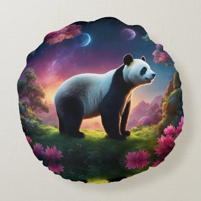 Panda in a Fantasy Garden Round Cushion (Back)