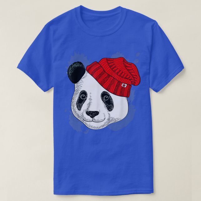 Panda in a Knitted Red Hat - Funny Panda - Bear159 T-Shirt (Design Front)