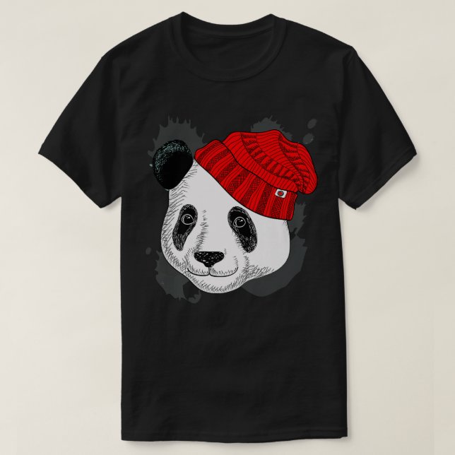 Panda in a Knitted Red Hat - Funny Panda - Bear Pr T-Shirt (Design Front)
