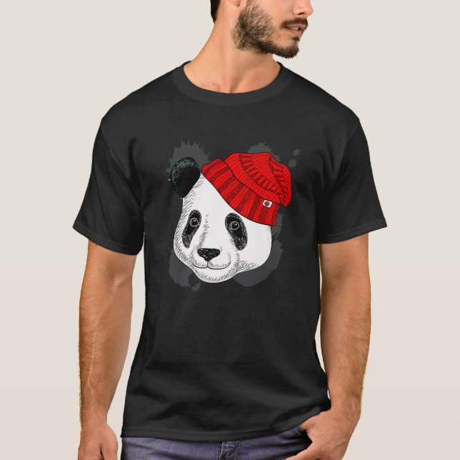 Panda In A Knitted Red Hat - Funny Panda - Bear T-Shirt (Front)