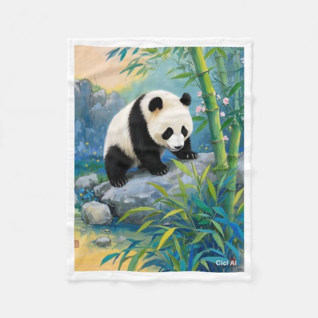 Panda in Bamboo Forest Throw Fleece Blanket (Front)