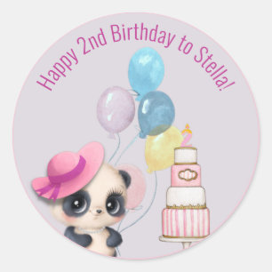 Panda in Pink Hat   Baby's 2nd Birthday Card Class Classic Round Sticker