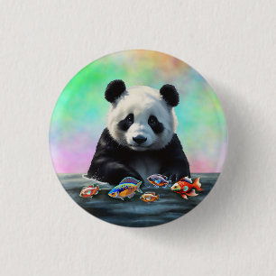 Panda is Gazes at Colorful Swimming Fish 3 Cm Round Badge