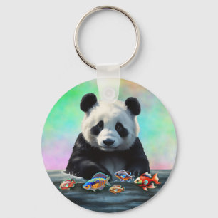 Panda is Gazes at Colorful Swimming Fish Key Ring