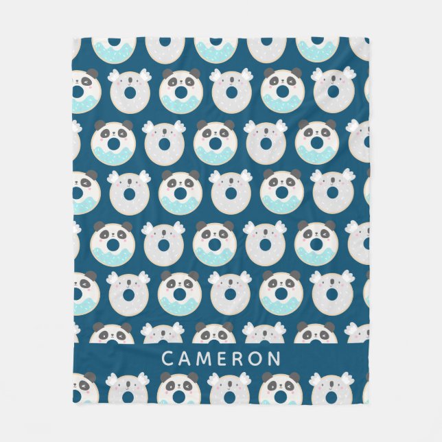Panda Koala Kawaii Doughnuts Blue Personalised Nam Fleece Blanket (Front)