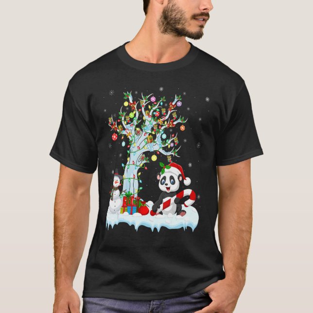 Panda  Lights Xmas Tree Snowman Panda Christmas T-Shirt (Front)
