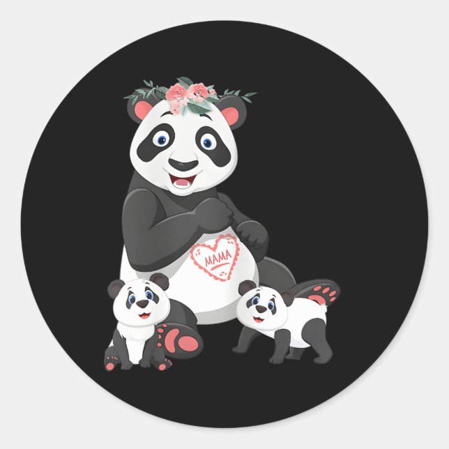 Panda Mama Bear Two Cubs Floral Love Classic Round Sticker (Front)