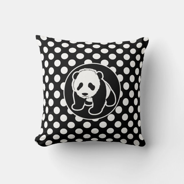Panda on Black and White Polka Dots Cushion (Front)