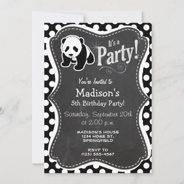 Panda on Black and White Polka Dots Invitation (Front)