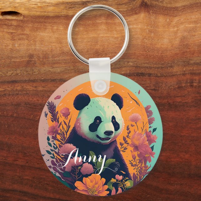 Panda on sunset with flowers, floral key ring (Front)