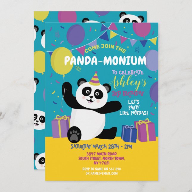 Panda Party Birthday Panda-monium Teal Invitation (Front/Back)