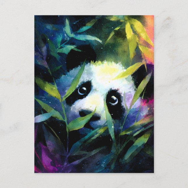 Panda Peeking Bamboo Watercolor Holiday Postcard (Front)