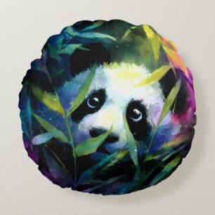 Panda Peeking Bamboo Watercolor Round Cushion