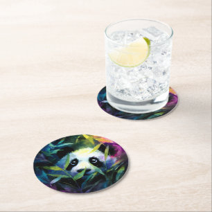 Panda Peeking Bamboo Watercolor Round Paper Coaster