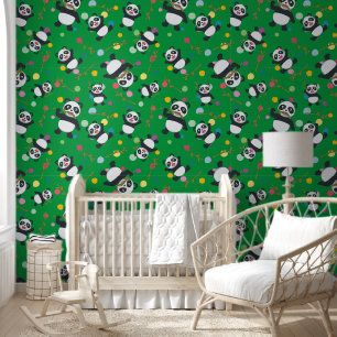 Panda polka dot kids pattern green background wallpaper