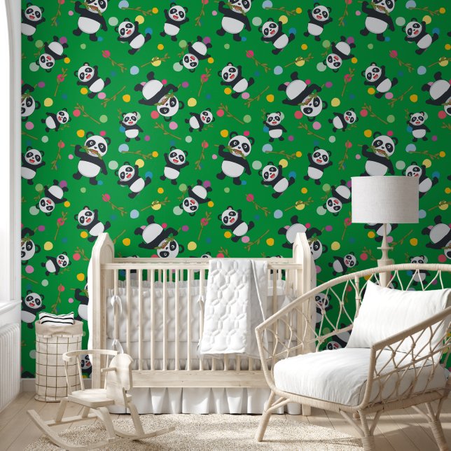 Panda polka dot kids pattern green background wallpaper (Kids)