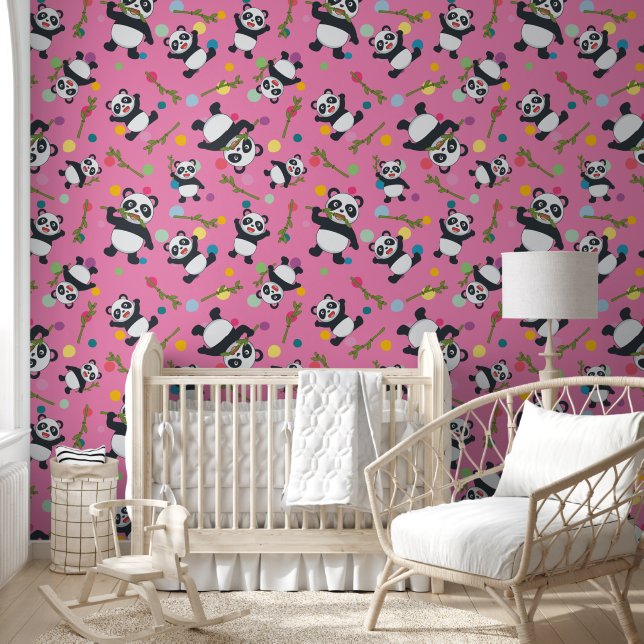 Panda polka dot kids pink peel and stick wallpaper (Kids)