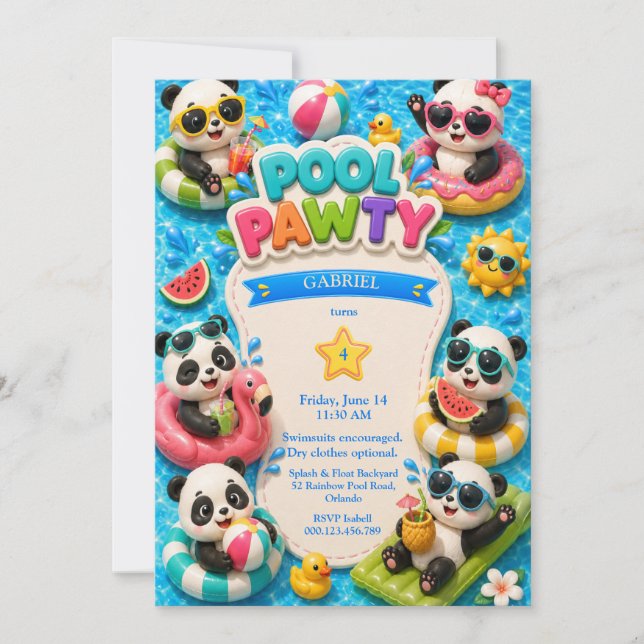 Panda Pool Party Birthday Invitation Cute Summer (Front)