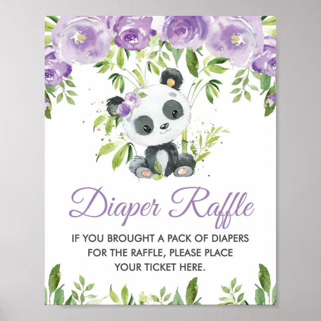 Panda Purple Floral Greenery Bamboo Diaper Raffle Poster | Zazzle