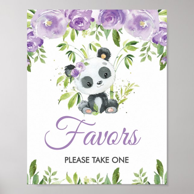 Panda Purple Floral Greenery Bamboo Favours Sign (Front)