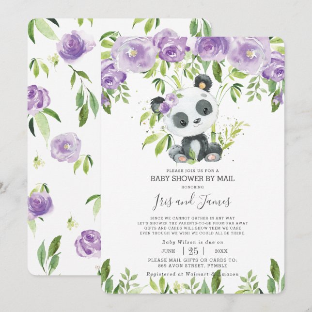 Panda Purple Floral Virtual Baby Shower by Mail Invitation (Front/Back)