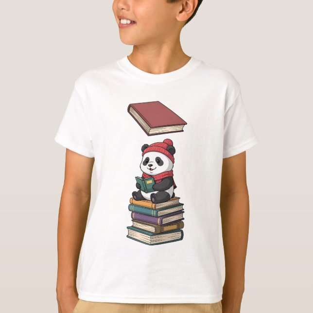 Panda Reading on Book Stack Kids T-Shirt (Front)
