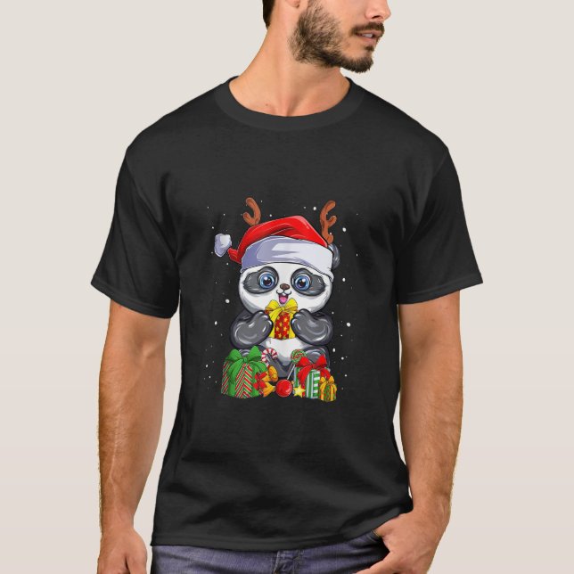 Panda Reindeer Antlers Santa Hat Merry Christmas T T-Shirt (Front)