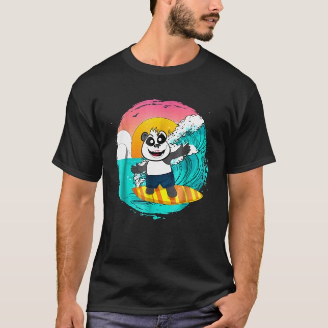 Panda Riding A Surfboard Catching Waves T Shirt (Front)