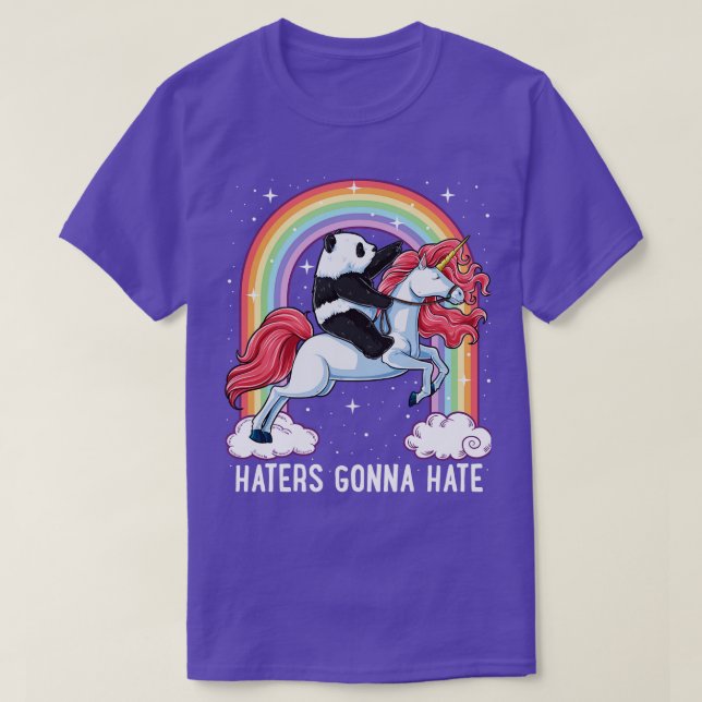 Panda Riding Unicorn Haters Gonna Hate Rainbow Gif T-Shirt (Design Front)