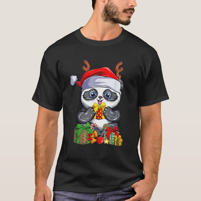 Panda Santa Hat Reindeer Antlers Christmas Xmas Ki T-Shirt (Front)