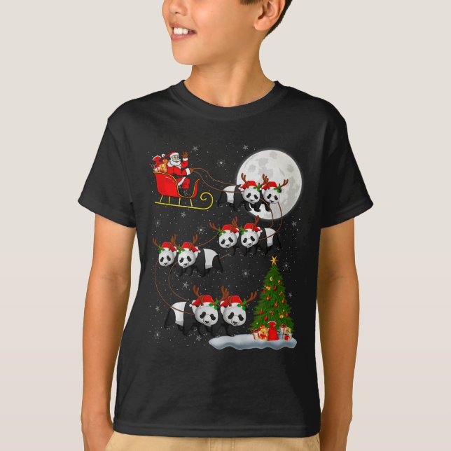 Panda Santa Sleigh Flying Funny Magical Christmas  T-Shirt (Front)