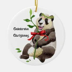 Panda Sitting with a Wreath on his Head & Bow Cera Ceramic Tree Decoration