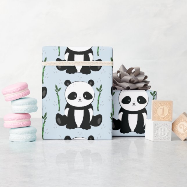 Panda Sitting with Bamboo Pattern Blue Wrapping Paper (Baby Shower)