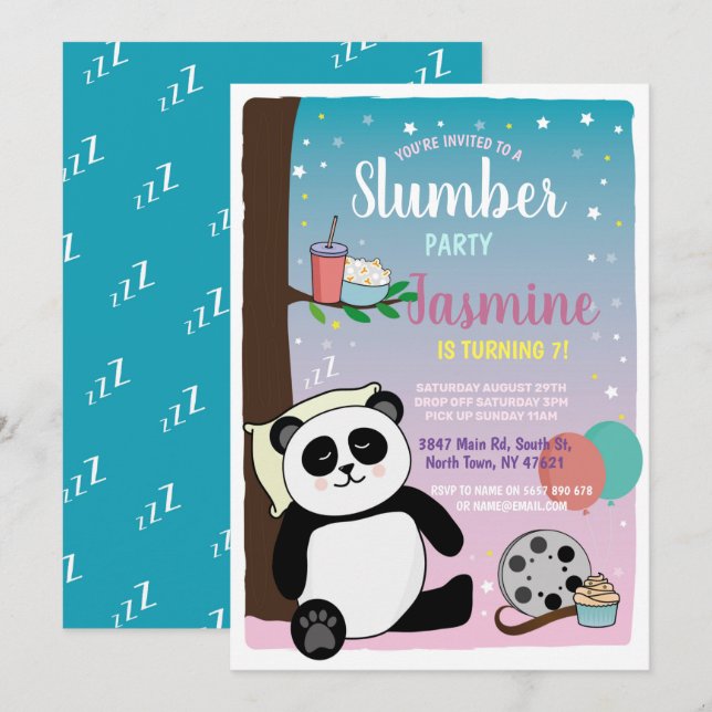 Panda Slumber Party Birthday Cute Movies Popcorn Invitation (Front/Back)