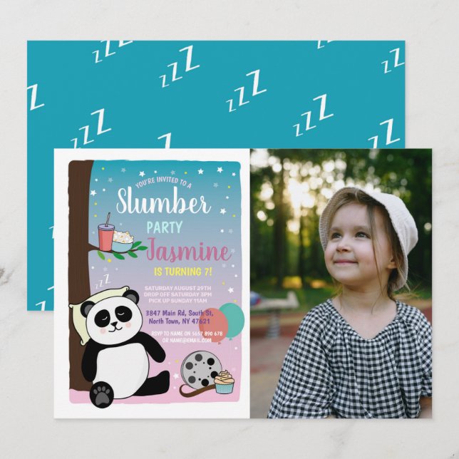 Panda Slumber Party Birthday Movies Popcorn Photo Invitation (Front/Back)