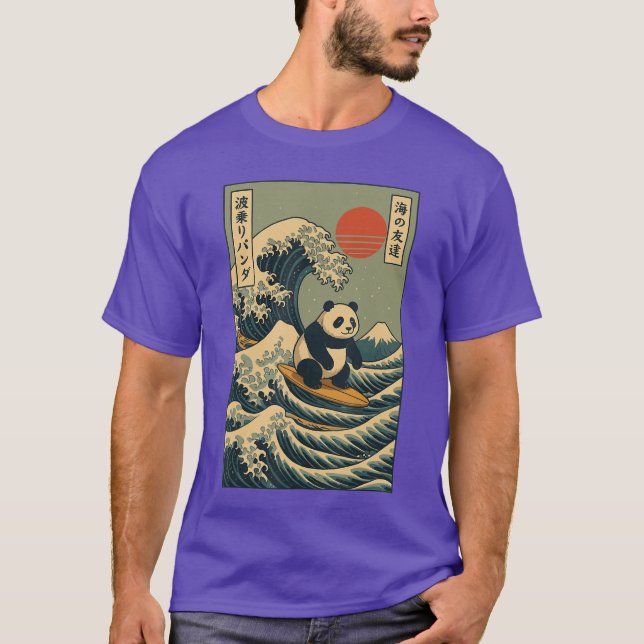 Panda Surfing Japanese retro T-Shirt (Front)