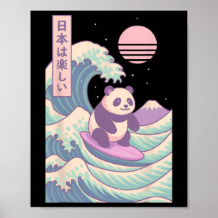 Panda Surfing Japanese Wave Japan Poster