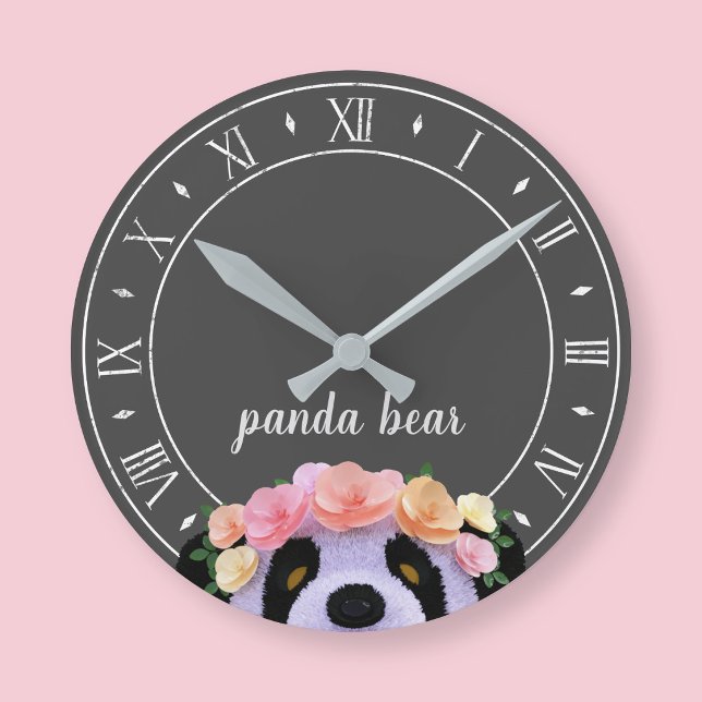 Panda Theme Rustic Black and White Kids Clock (A cute panda bear clock with space for your name)