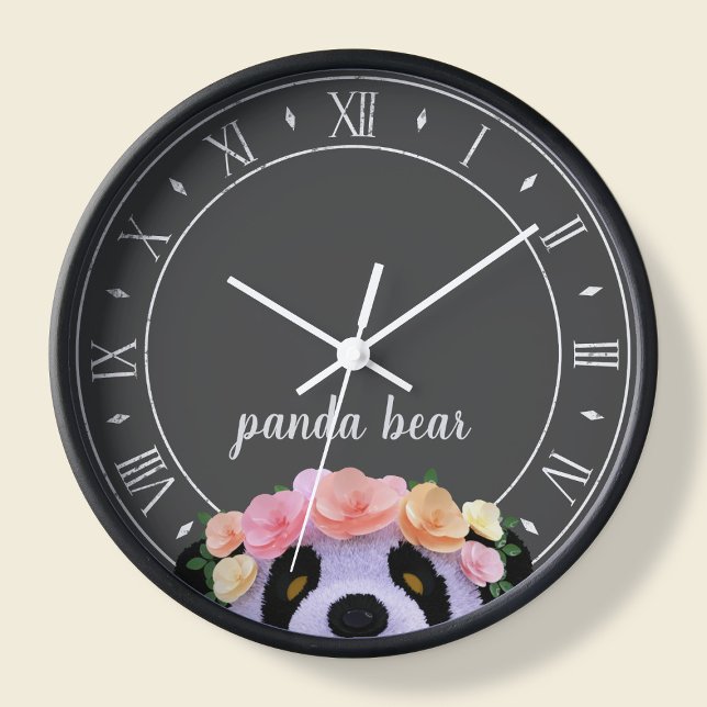 Panda Theme Rustic Black and White Kids Clock (A cute panda bear clock with space for your name)