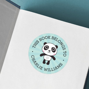 Panda this book belongs to kids school name blue classic round sticker