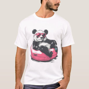 panda wearing sunglasses in a pink swimming ring T-Shirt