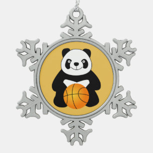 Panda with a basketball ball snowflake pewter christmas ornament