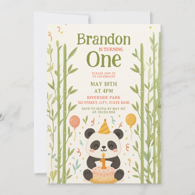 Panda with Bamboo and Cake 1st Birthday Invitation (Front)