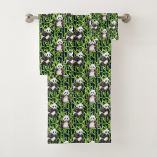 Panda With Bamboo Watercolor Pattern Bath Towel Set
