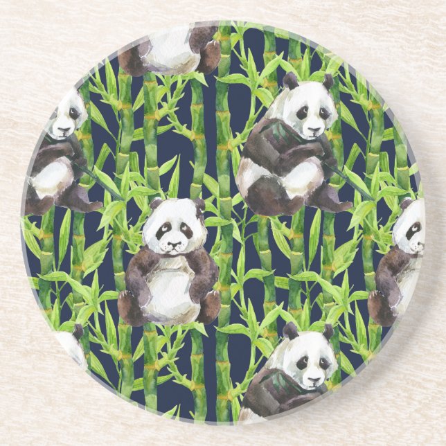 Panda With Bamboo Watercolor Pattern Coaster (Front)