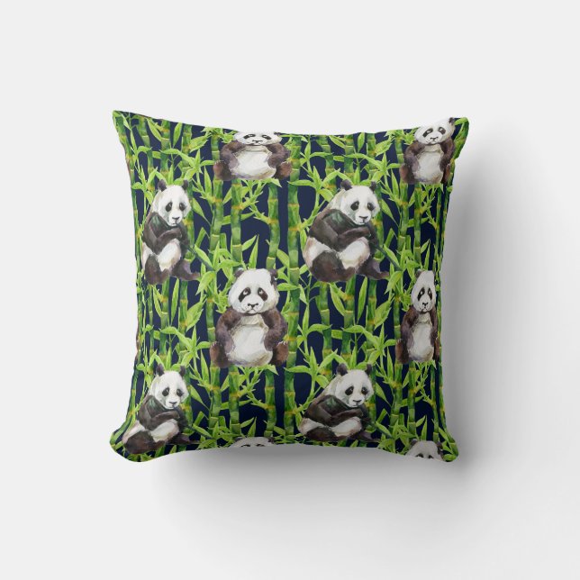Panda With Bamboo Watercolor Pattern Cushion (Front)