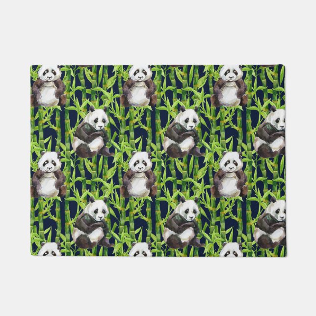 Panda With Bamboo Watercolor Pattern Doormat (Front)