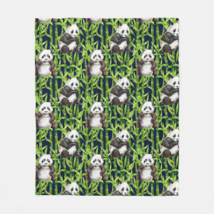 Panda With Bamboo Watercolor Pattern Fleece Blanket