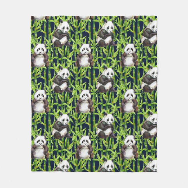 Panda With Bamboo Watercolor Pattern Fleece Blanket (Front)